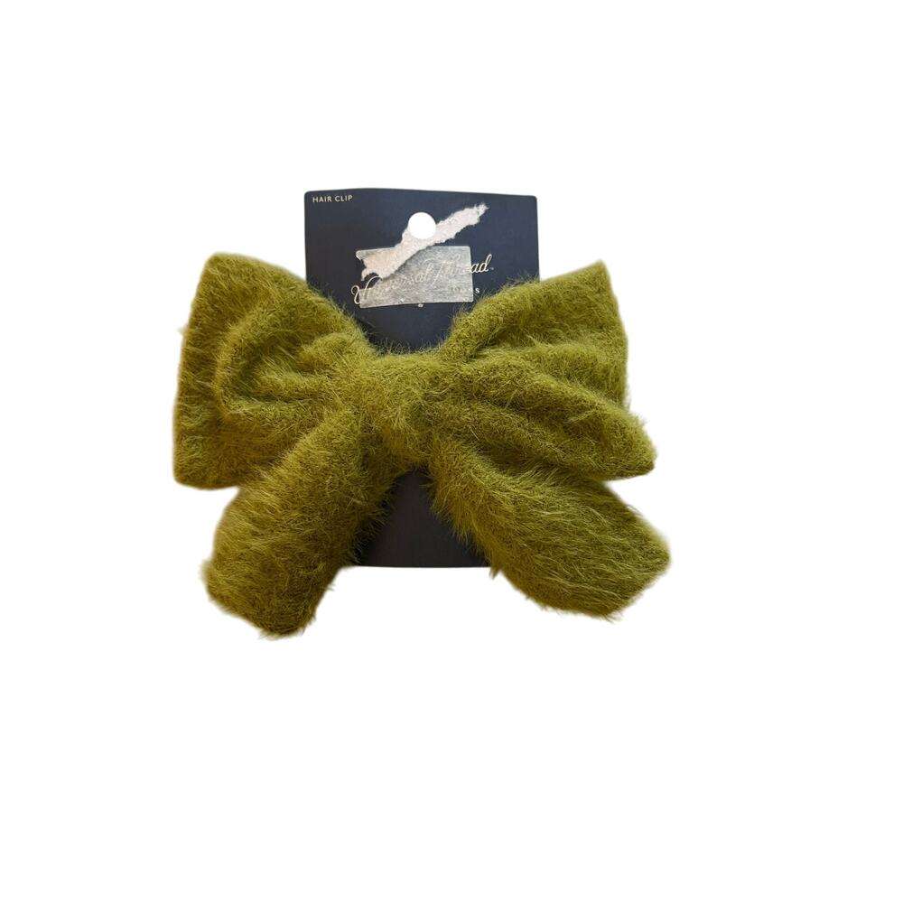 Universal Thread Fuzzy Bow Hair Barrette Hair Clip Green